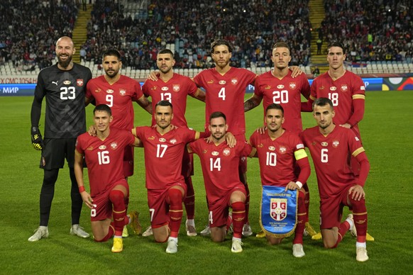 The Serbia team pose for a group photo before the UEFA Nations League soccer match between Serbia and Sweden at the Rajko Mitic Stadium in Belgrade, Serbia, Saturday, Sept. 24, 2022. (AP Photo/Darko V ...