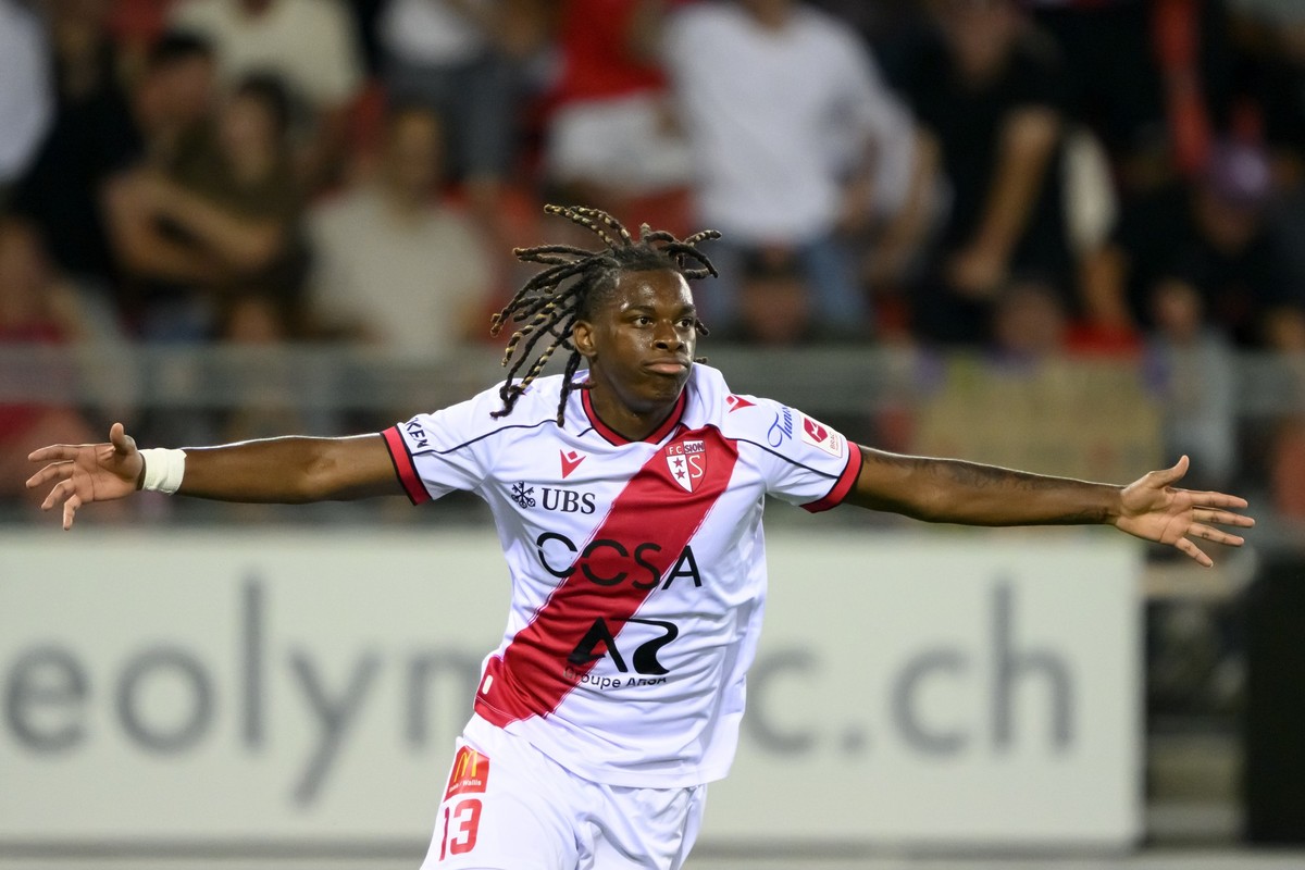 Sion's Winsley Boteli celebrates the 1 to 1 goal during the second leg of the UEFA Conference League qualifying third round soccer match between Switzerland's FC Sion and Armenian FC Noah Er ...