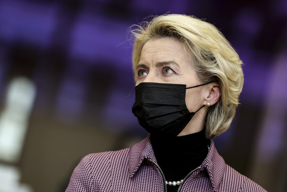 European Commission President Ursula von der Leyen arrives for the European Commission weekly College Meeting at EU headquarters in Brussels, Wednesday, March 30, 2022. The European Union is warning c ...