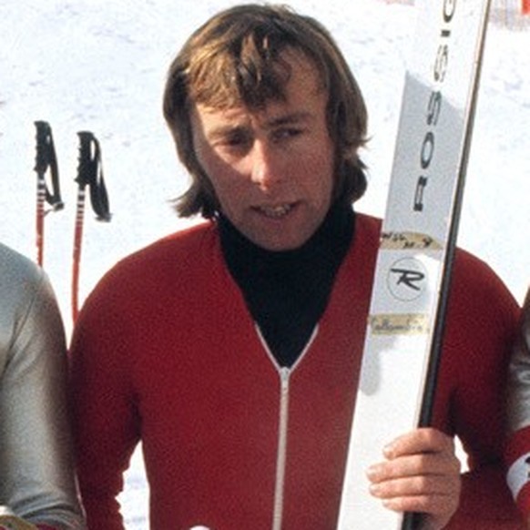 Die Topfahrer des Ski-Weltcups in der Abfahrt der Italiener Herbert Plank, der Oesterreicher Franz Klammer, der Schweizer Roland Collombin und der Oesterreicher Werner Grissmann, von links nach rechts ...