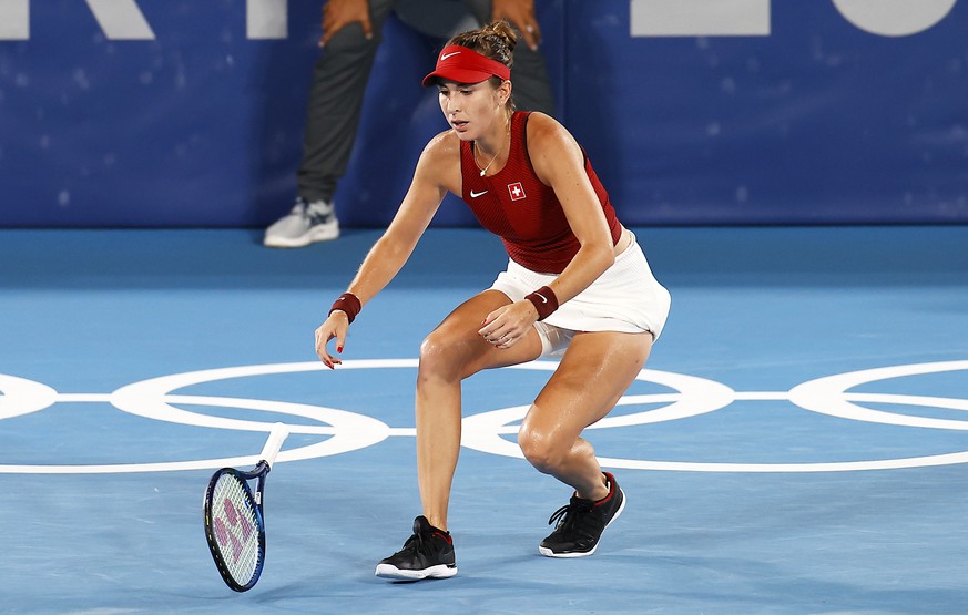 epa09383022 Belinda Bencic of Switzerland reacts after winning the Women&#039;s singles Gold medal match against Marketa Vondrousova of Czech Republic during the Tennis events of the Tokyo 2020 Olympi ...