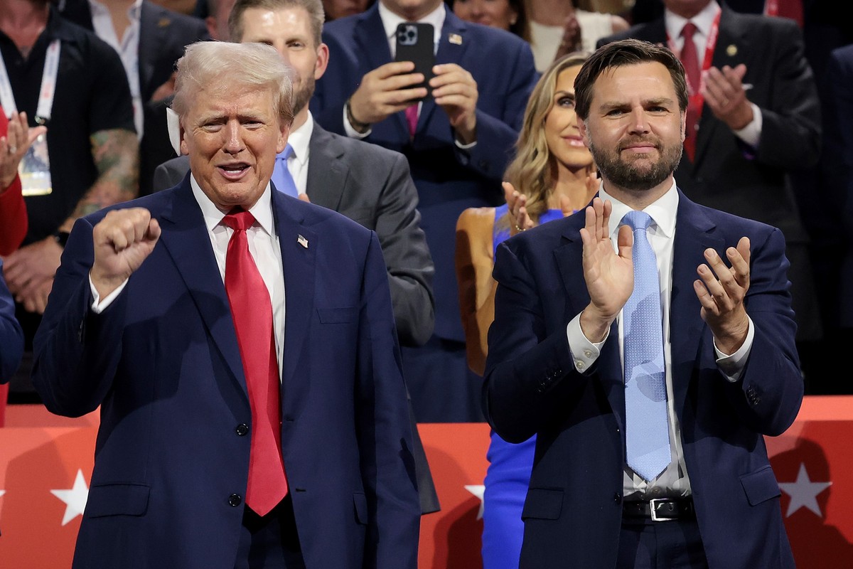 Republican presidential candidate, former U.S. President Donald Trump (L) and Republican Vice Presidential candidate, U.S. Sen. J.D. Vance (R-OH) appear on the first day of the Republican National Con ...