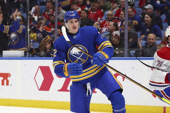 Buffalo Sabres center Tage Thompson (72) celebrates his goal during the first period of an NHL hockey game against the Montreal Canadiens Monday, Nov. 11, 2024, in Buffalo, N.Y. (AP Photo/Jeffrey T. B ...
