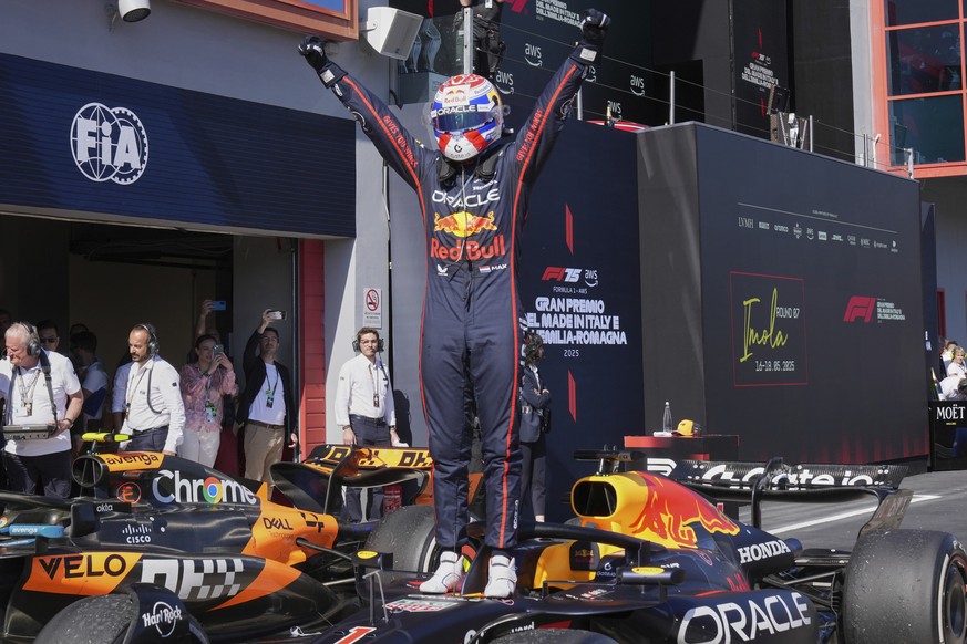 Red Bull driver Max Verstappen of the Netherlands celebrates winning the Italy&#039;s Emilia Romagna Formula One Grand Prix, in Imola, Italy, Sunday, May 18, 2025. (AP Photo/Antonio Calanni)
Italy Emi ...