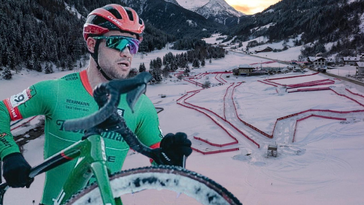 Loris Rouiller avec, en toile de fond, les virages du parcours sur glace de Val di Sole.