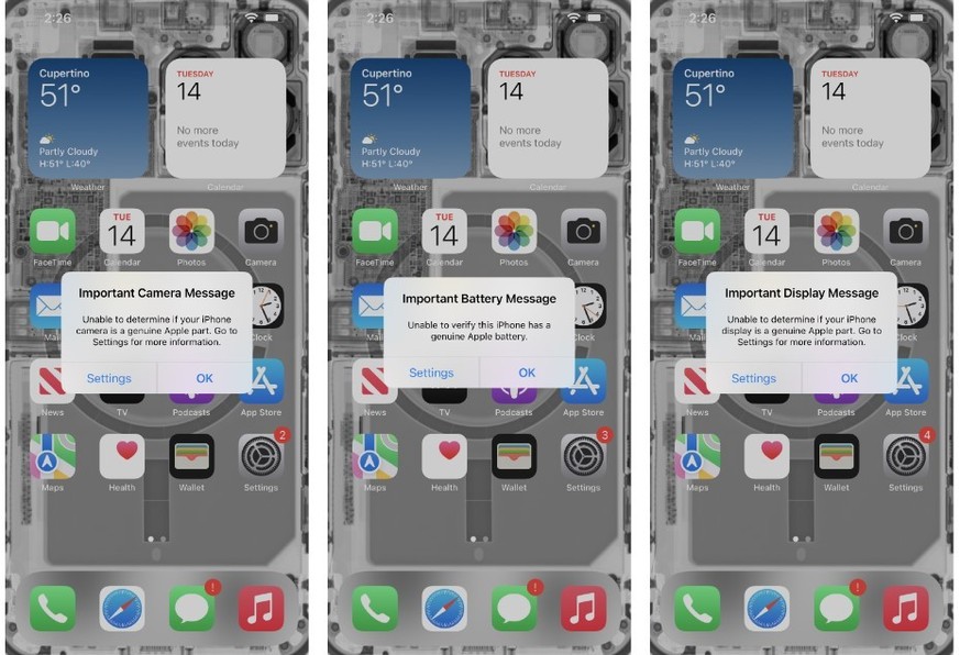 Apples Warnmeldungen, die angezeigt werden, wenn ein „nicht autorisiertes“ Ersatzteil eingebaut wurde – auch wenn es sich dabei um ein brandneues OEM-Teil handelt, das aber von Apple nicht autorisiert ...