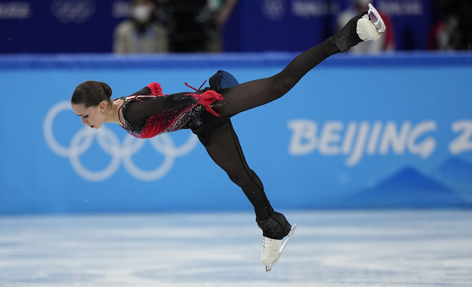 Kamila Valieva, of the Russian Olympic Committee, competes in the women&#039;s team free skate program during the figure skating competition at the 2022 Winter Olympics, Monday, Feb. 7, 2022, in Beiji ...
