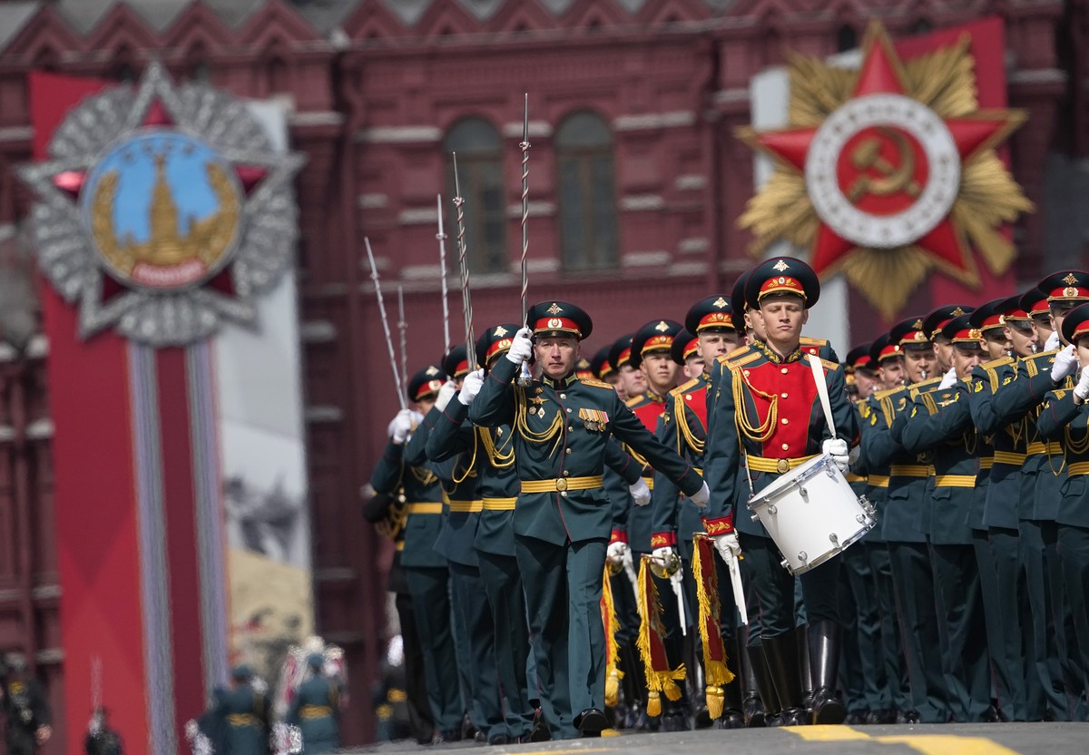Russian Army orchestra march after the Victory Day military parade in Moscow, Russia, Monday, May 9, 2022, marking the 77th anniversary of the end of World War II. (AP Photo/Alexander Zemlianichenko)