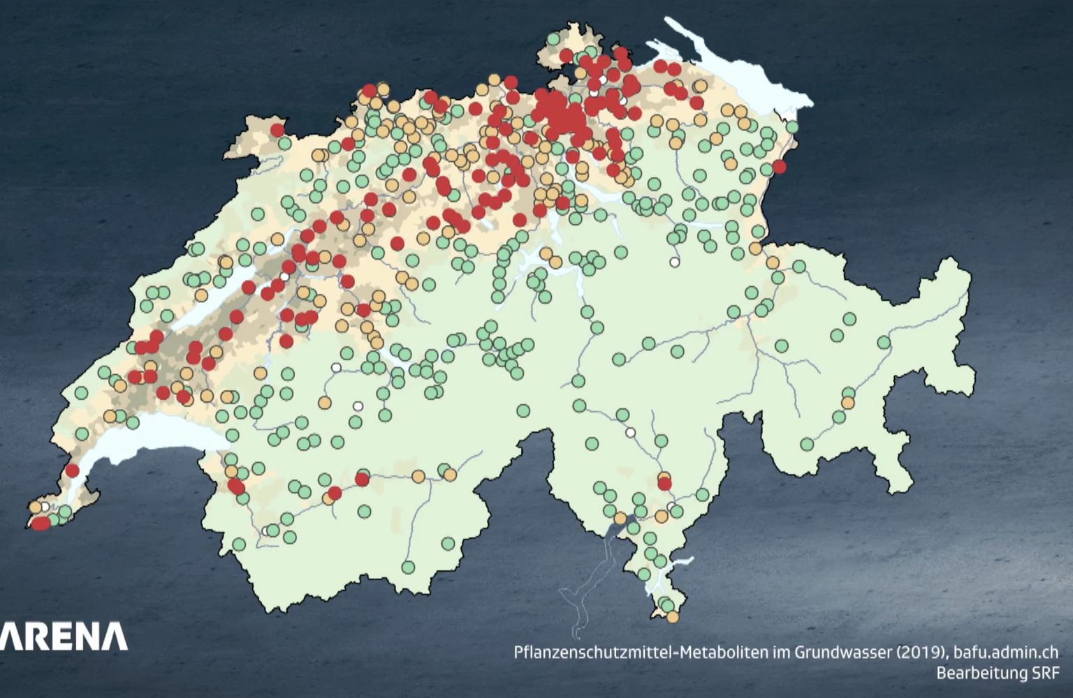 Besonders in den Messtationen im Mittelland ist das Grundwasser belastet (rote/orange Punkte).
