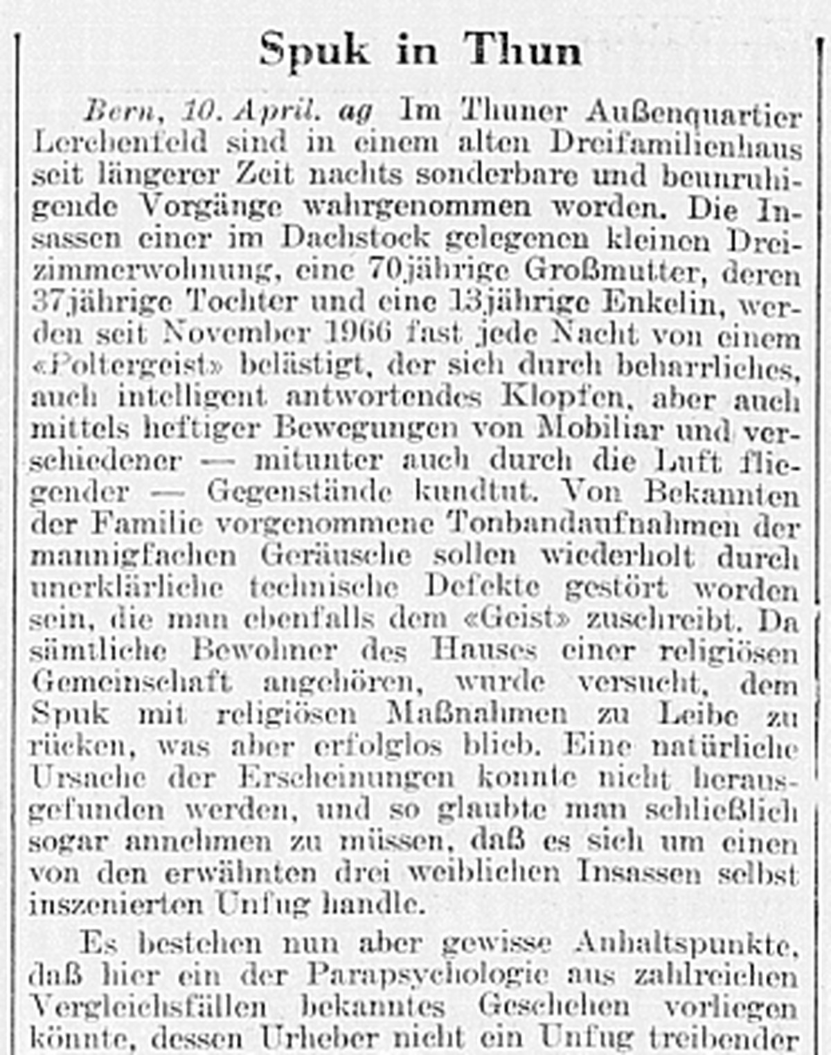 Ausschnitt der SDA-Meldung vom 10. April 1967, abgedruckt in der NZZ.