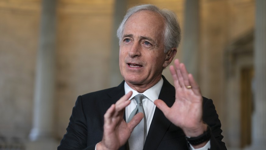 Senate Foreign Relations Committee Chairman Bob Corker, R-Tenn., takes questions during a TV news interview on Capitol Hill in Washington, Thursday, April 19, 2018. CIA Director Mike Pompeo&#039;s nom ...