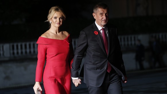 Czech Prime Minister Andrej Babis and his wife Monika Babisova arrive at a diner Saturday, Nov. 10, 2018 in Paris. More than 60 heads of state and government are converging on France for the commemora ...