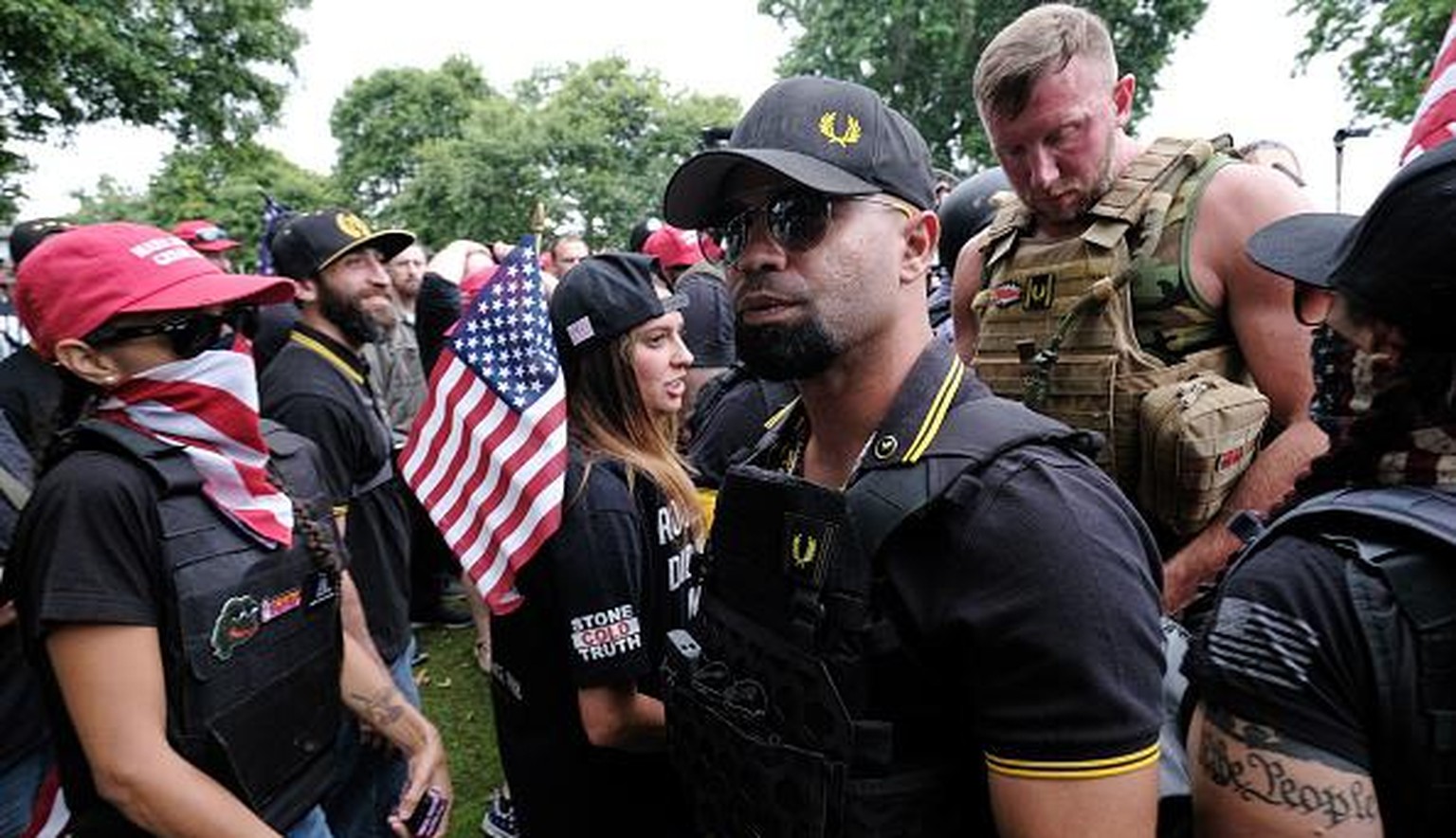 PORTLAND, USA - AUGUST 17: Proud Boys chairman Enrique Tarrio greets protesters during &quot;The End Domestic Terrorism&quot; demonstration organized by Joe Biggs calling for an end to domestic terror ...