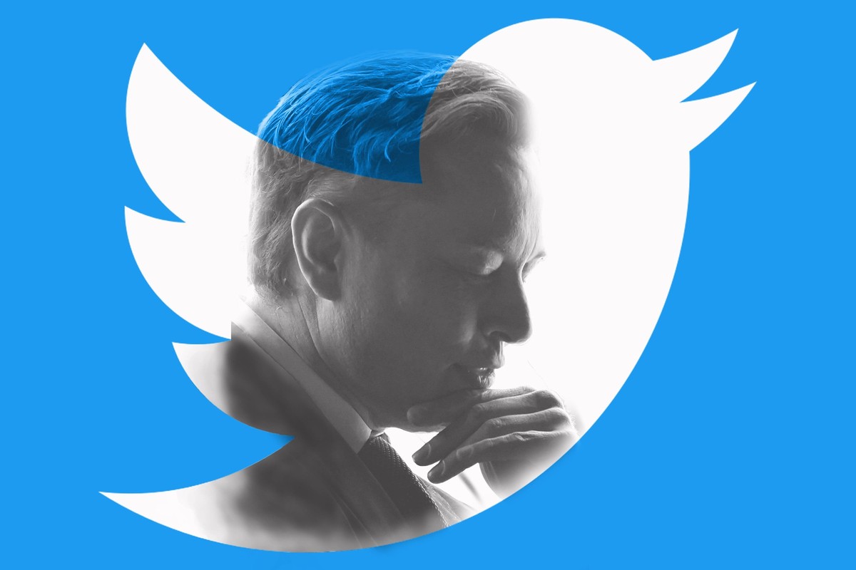 Symbolfoto nachdenklicher Elon Musk und Twitter Symbolbild Logo des Kurznachrichtendienst Twitter und Elon Musk Fotomontage Deutschland DEU *** Symbol photo thoughtful Elon Musk and Twitter symbol ima ...