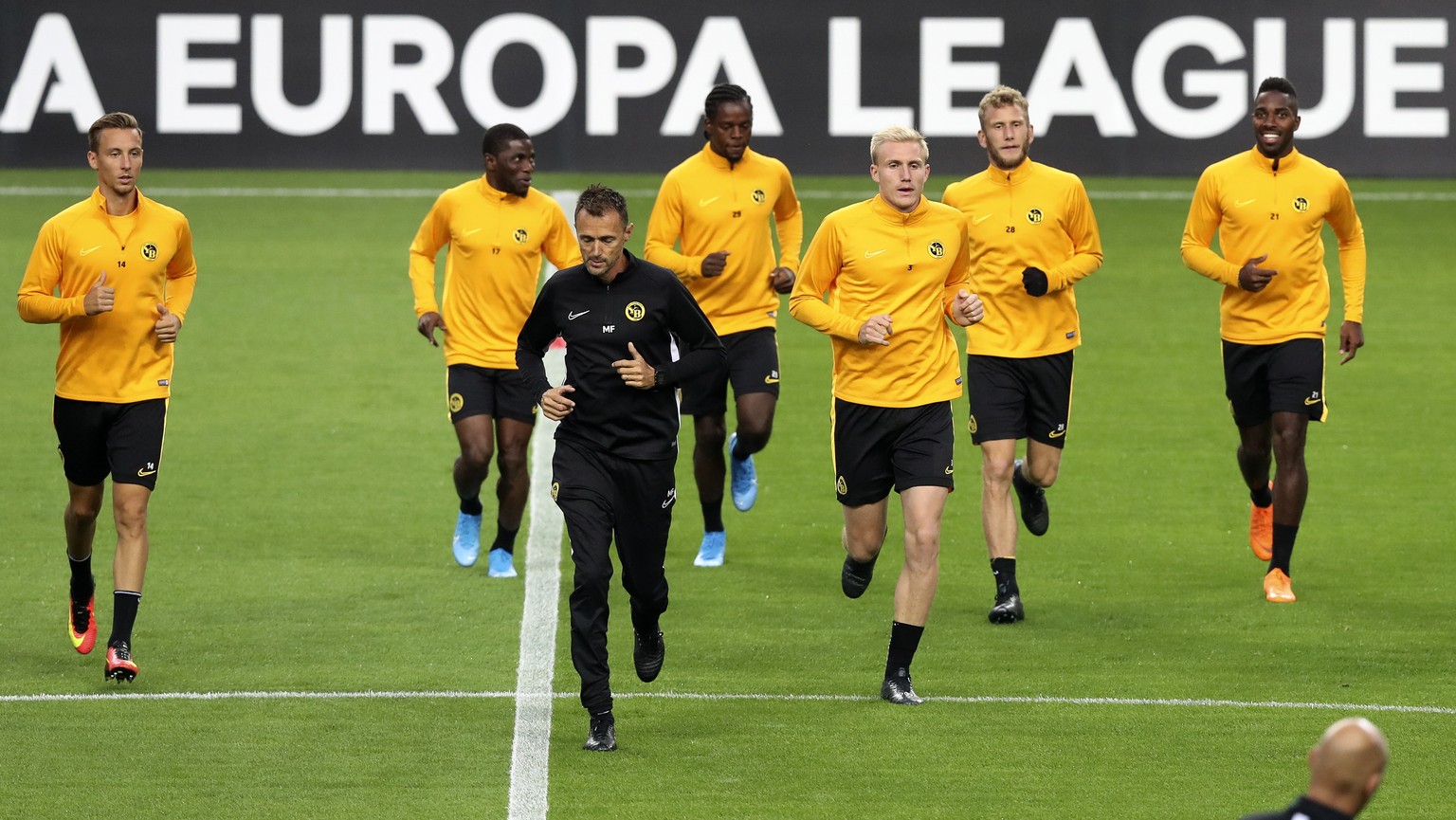 epa07851670 Young Boys players in action during a training session at Dragao stadium, Porto, Portugal, 18 September 2019. Young Boys will face FC Porto in their UEFA Europa League soccer match on 19 S ...