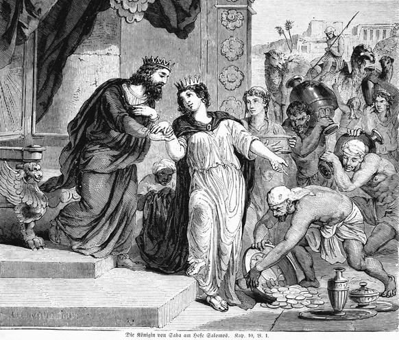 Doe K√∂nigin von Saba am Hofe Salomos, Ger√ºcht, Arabien, verf√ºhren, Menschenmenge, K√∂nig Salomo, Thron, Geschenke, M√ºnzen, Gold, Reichtum, Sch√ºssel, Kamele, Bibel, Altes Testament, Erstes Buch de ...