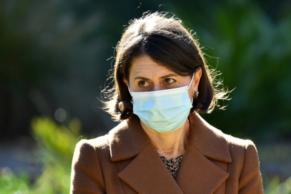 epa09304788 New South Wales (NSW) Premier Gladys Berejiklian attends a press conference in Sydney, Australia, 27 June 2021. More than five million people in Greater Sydney, the Blue Mountains, the Cen ...