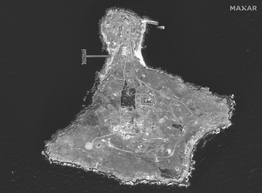 This WorldView-1 satellite black and white image from Maxar Technologies shows an overview of Snake Island, in the Black Sea, on Tuesday, June 21, 2022. There is damage to the tower on the southern en ...