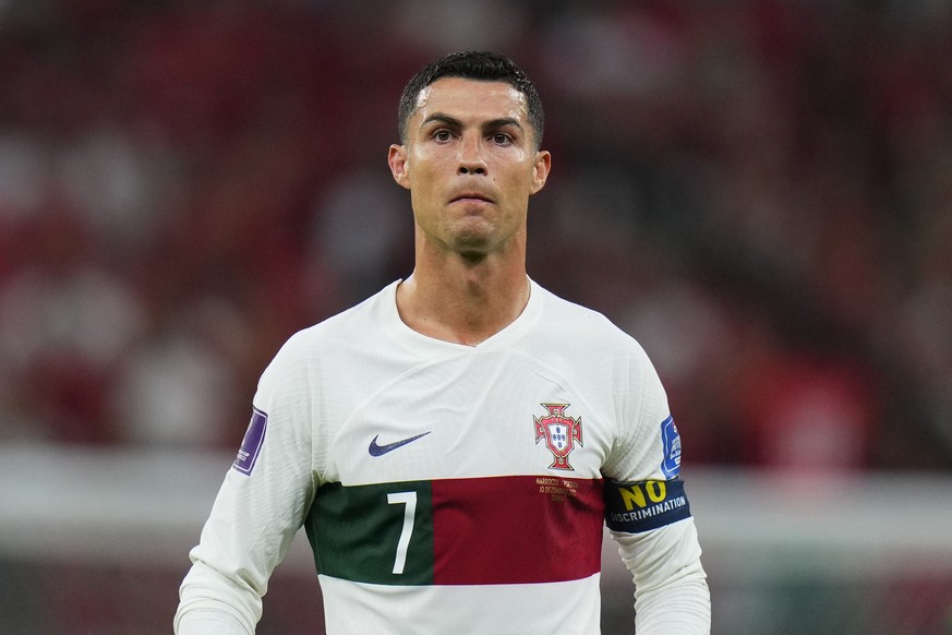 Portugal&#039;s Cristiano Ronaldo gestures during the World Cup quarterfinal soccer match between Morocco and Portugal, at Al Thumama Stadium in Doha, Qatar, Saturday, Dec. 10, 2022. (AP Photo/Petr Da ...