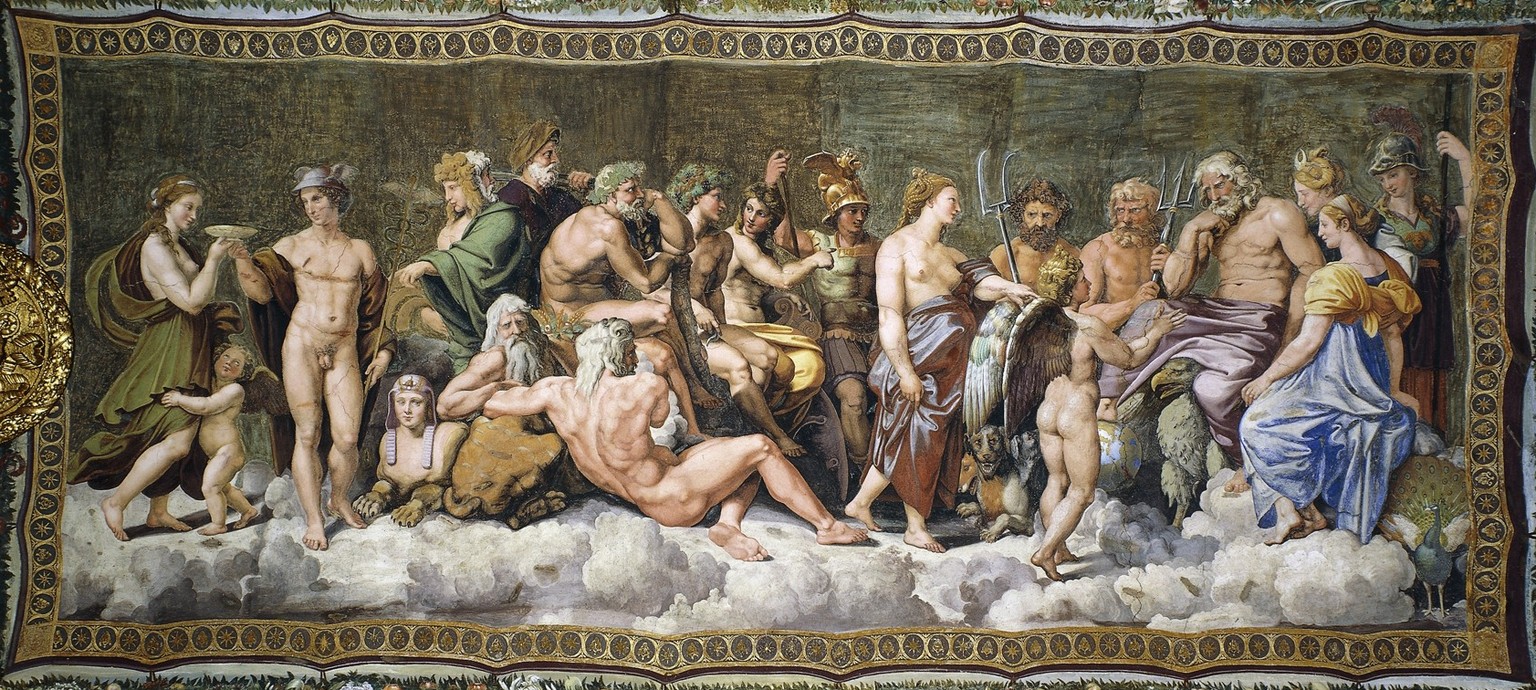 ITALY - CIRCA 2002: The council of the gods, detail from the Loggia of Cupid and Psyche, 1518, from the school of Raphael (1483-1520) from a master&#039;s drawing, fresco. Villa Farnesina, Rome. (Phot ...