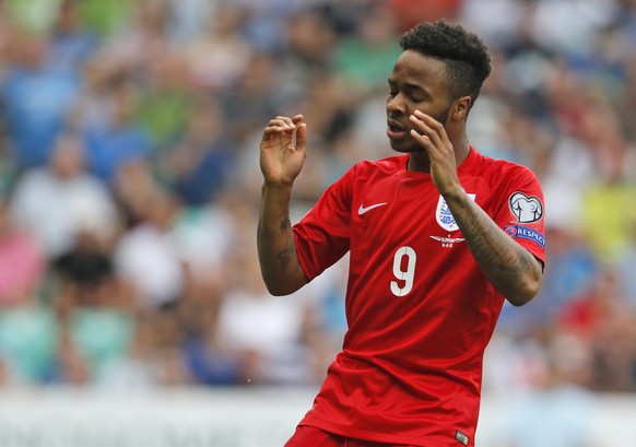 Raheem Sterling reacts during the Euro 2016 Group E qualifying soccer match between Slovenia and England, in Ljubljana, Slovenia, Sunday, June 14, 2015. (AP Photo/Darko Bandic)