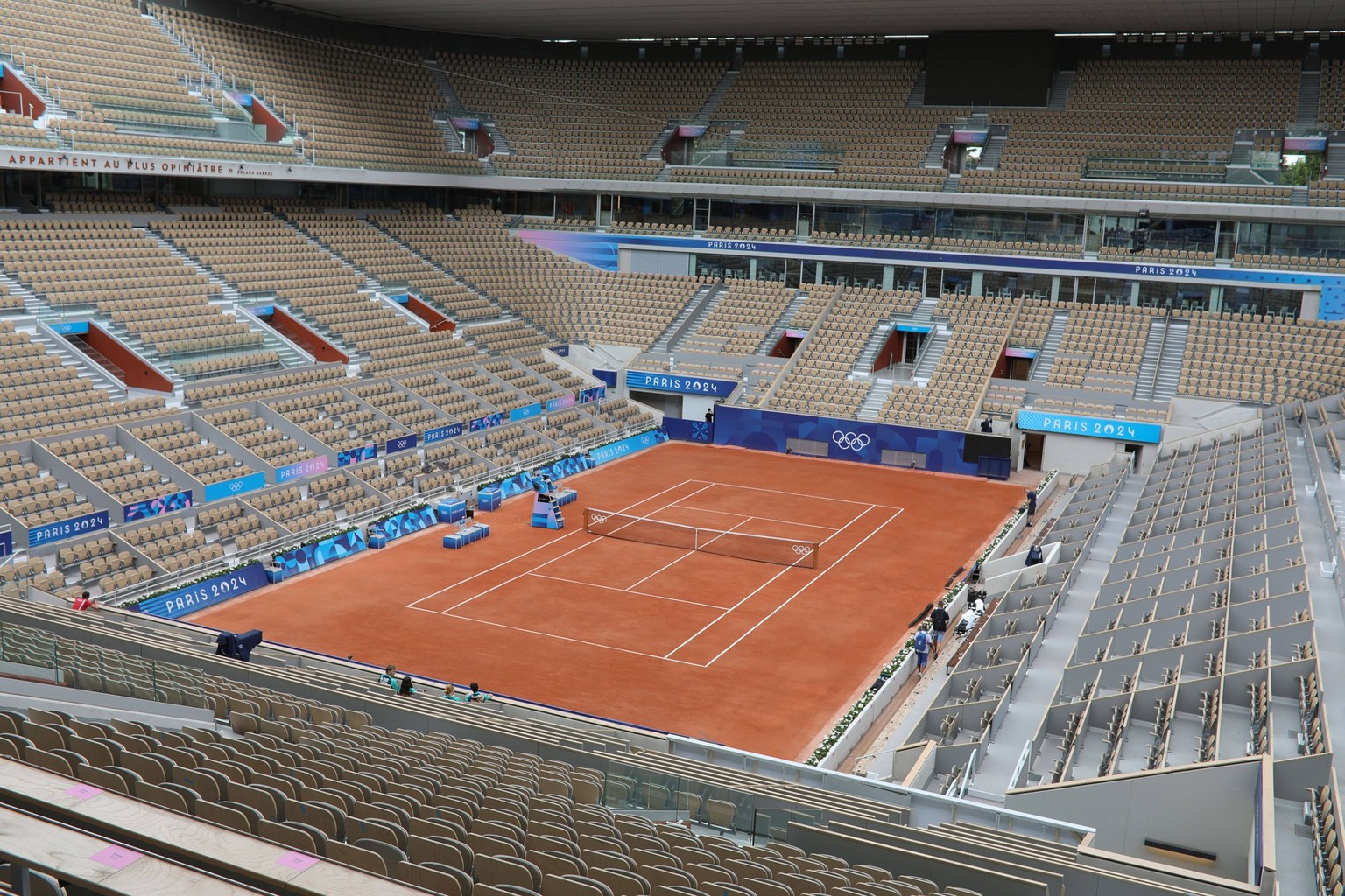 July 22, 2024, Paris, Ile de France, France: Roland-Garros and its main court Philippe Chatrier hosts the Tennis tournament at the Paris 2024 Olympic Games, Olympische Spiele, Olympia, OS in Roland-Ga ...