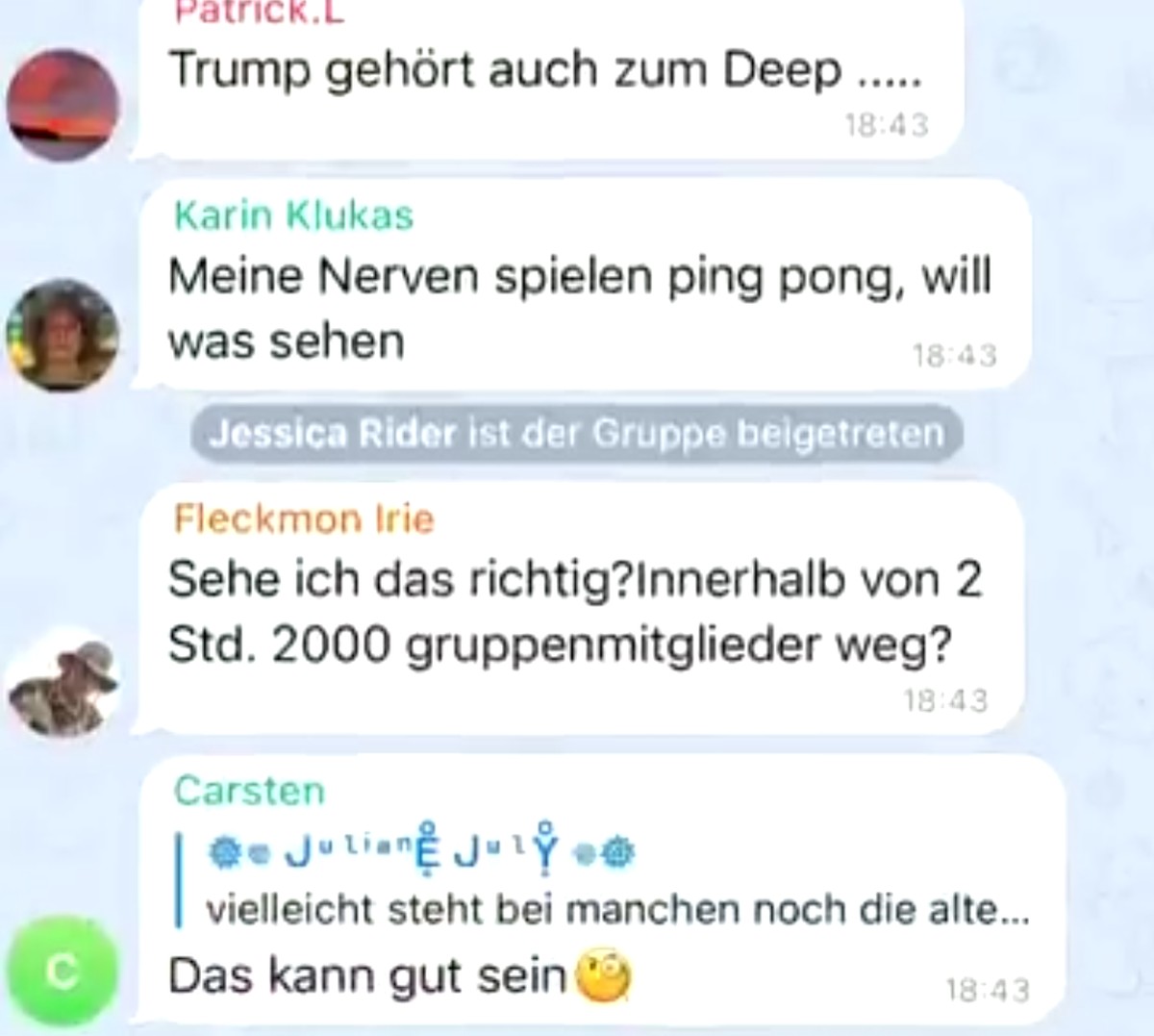 Zweifel und Mitgliederschwund in einer QAnon-Gruppe auf Telegram.