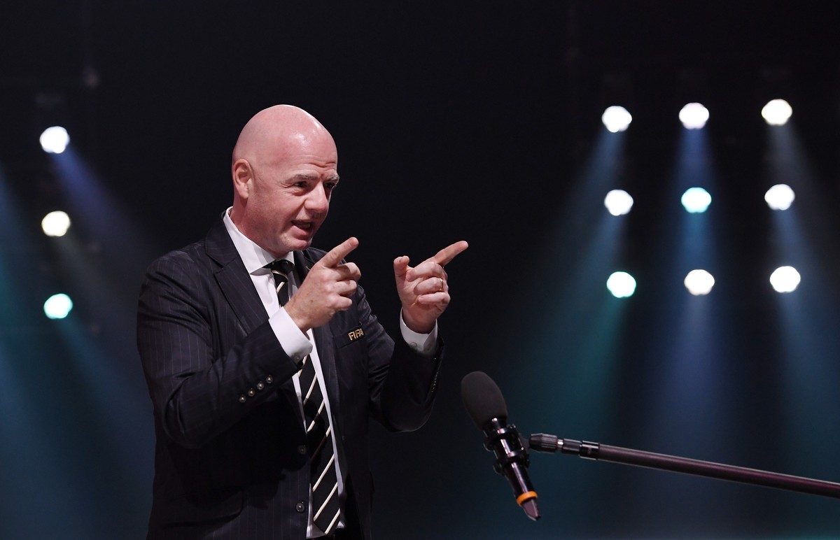 epa08868799 A handout photo made available by FIFA of FIFA President Gianni Infantino during the UEFA preliminary draw for the FIFA World Cup 2022 in Zurich, Switzerland, 07 December 2020. EPA/foto-ne ...