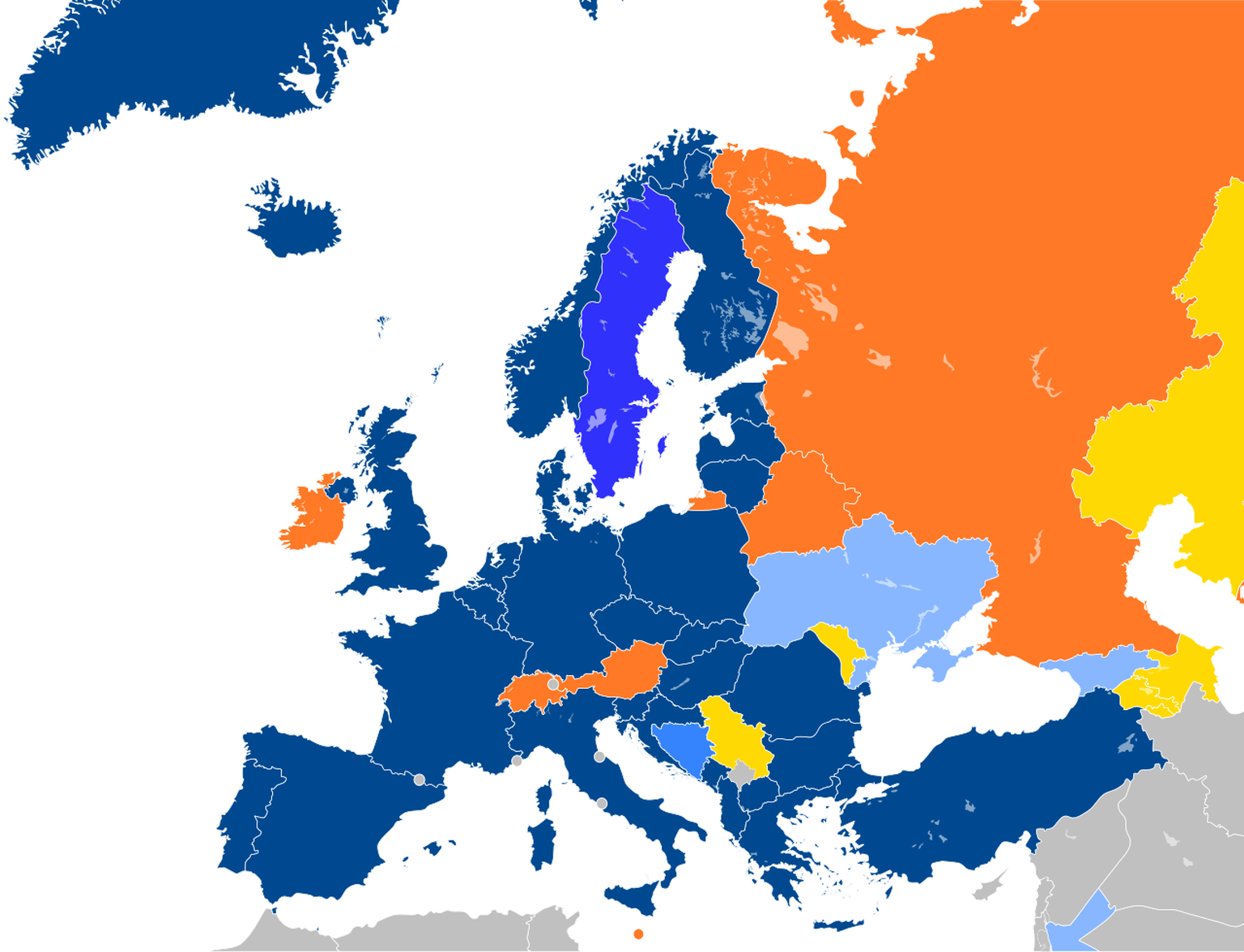 Aktuelle Zugehörigkeiten europäischer Länder zur Nordatlantikpakt-Organisation (NATO).
https://de.wikipedia.org/wiki/NATO#/media/Datei:Major_NATO_affiliations_in_Europe.svg