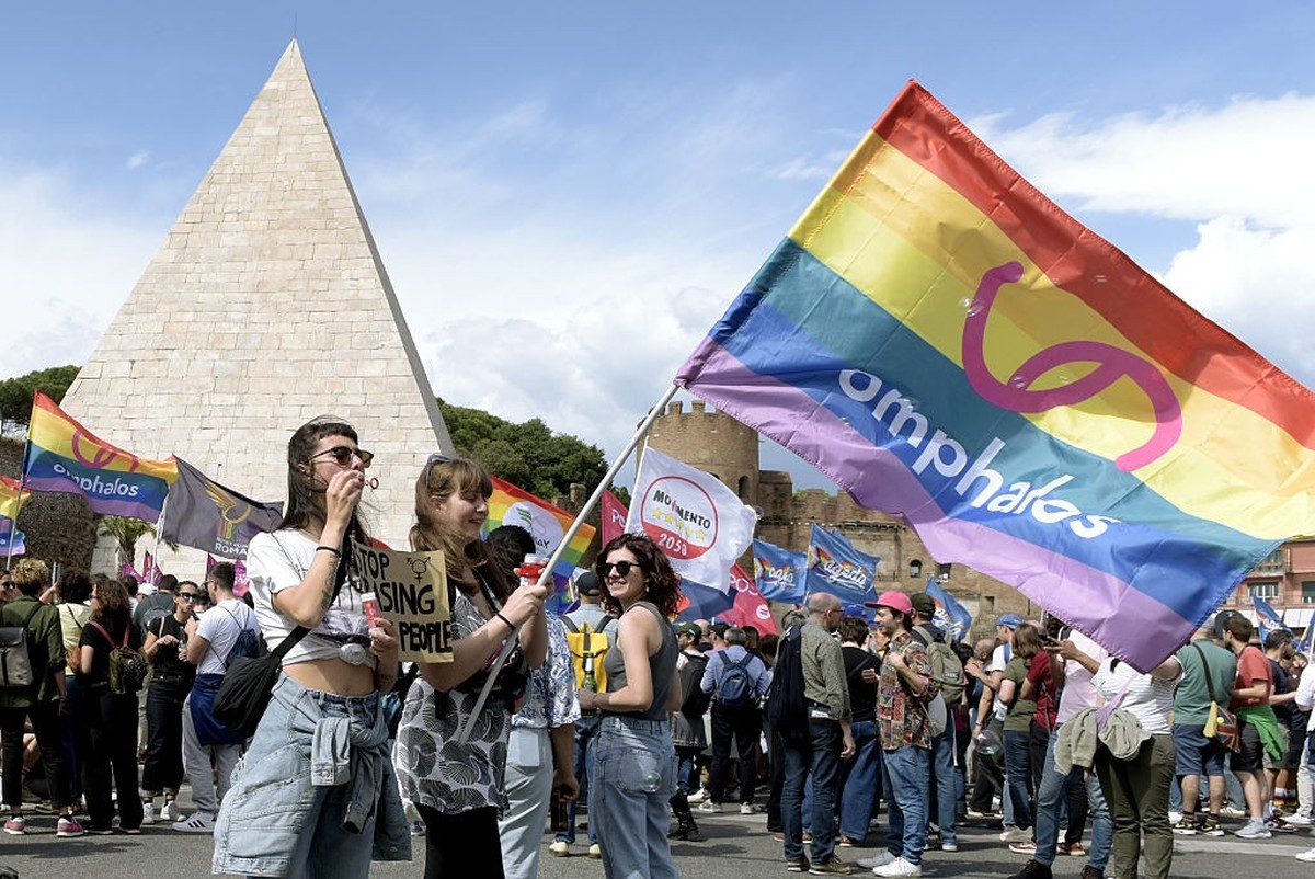 ROME, ITALY - MAY 17: People from the LGBTQIA+ community participate in the demonstration against Homophobia, Transphobia and Biphobia in Piazzale Ostiense on May 17, 2025 in Rome, Italy. May 17 is re ...