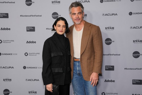 Jenny Slate, left, and Chris Pine attend the premiere of "Carousel" during the Sundance Film Festival on Thursday, Jan. 22, 2026, at Eccles Center in Park City, Utah. (Photo by Charles Sykes ...