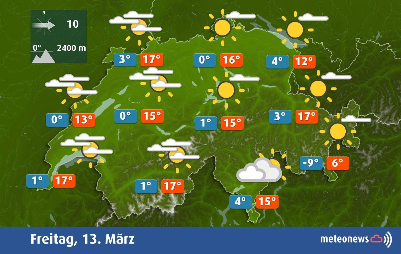 So wird das Wetter in der Schweiz am Freitag, 13. März 2026.