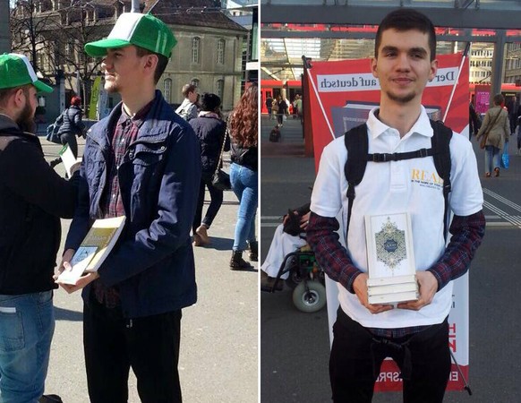 Das Bild links entstand am 8. April 2015 vor dem Hauptbahnhof in Bern und zeigt ein Mitglied des Netzwerks «Jesus im Islam». Das Bild rechts entstand einen Tag später am selben Ort, diesmal im Rahmen  ...