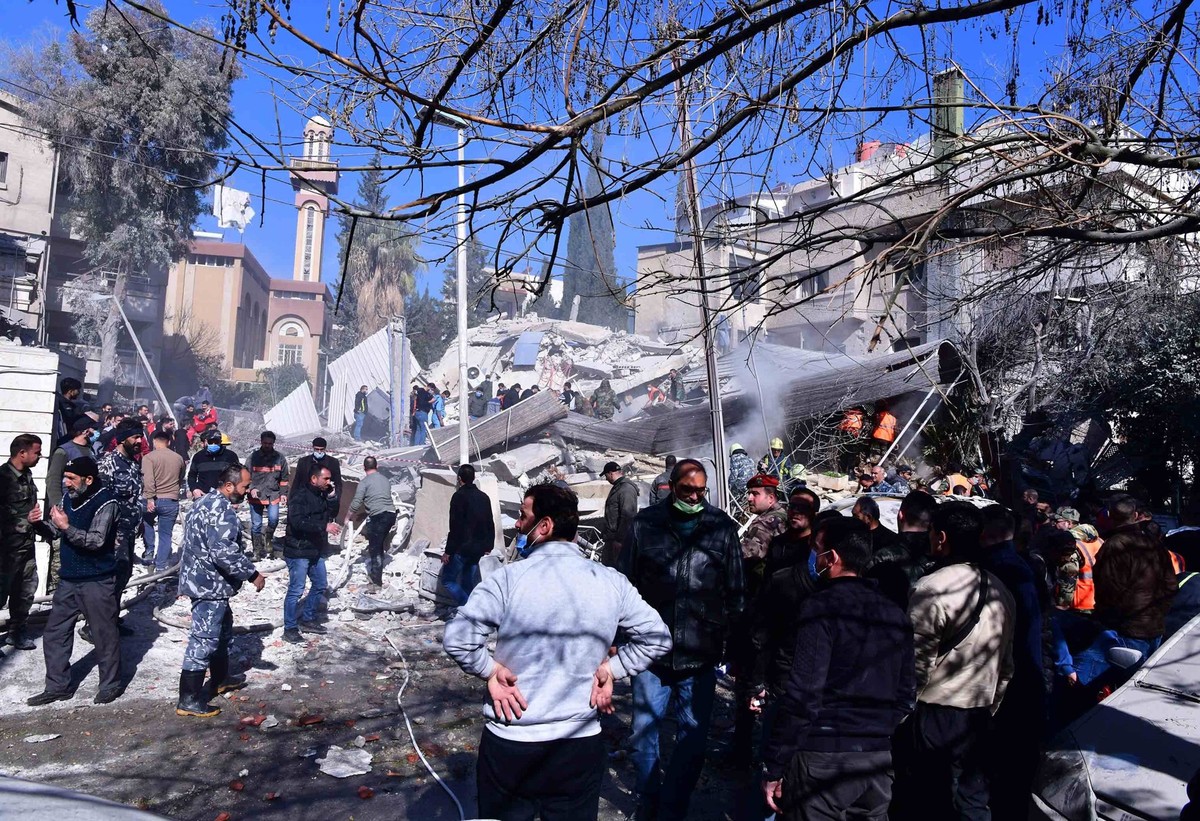 240120 -- DAMASCUS, Jan. 20, 2024 -- This photo taken on Jan. 20, 2024 shows a destroyed residential building in Damascus, Syria. Five officers of Iran s Islamic Revolutionary Guard Corps IRGC were ki ...