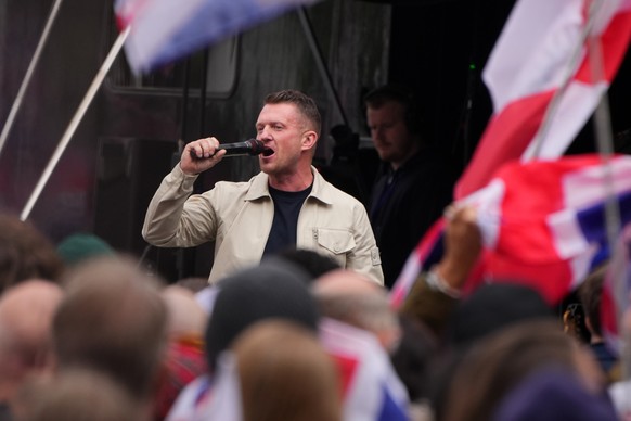 Far-right agitator Stephen Yaxley-Lennon, known by his pseudonym Tommy Robinson speaks during an Unite the Kingdom rally in London, Saturday, May 16, 2026.(AP Photo/Kirsty Wigglesworth)
Britain London ...
