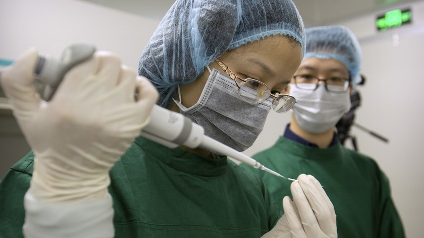 In this Oct. 9, 2018 photo, Zhou Xiaoqin, left, loads Cas9 protein and PCSK9 sgRNA molecules into a fine glass pipette as Qin Jinzhou watches at a laboratory in Shenzhen in southern China&#039;s Guang ...