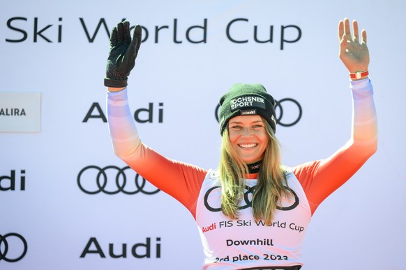 Third placed of the women&#039;s downhill overall Corinne Suter of Switzerland during the podium ceremony at the FIS Alpine Skiing World Cup finals in El Tarter, Andorra, Wednesday, March 15, 2023. (K ...
