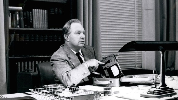 1981 - For Human Reaction: Dr. L Ron Hubbard at his desk with the electrometer he was developed to surge human reactions of plants. This is the first transistor free version of the 10 year old skin ga ...