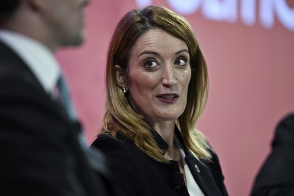 President of the European Parliament Roberta Metsola looks on during the 53rd annual meeting of the World Economic Forum, WEF, in Davos, Switzerland, Thursday, Jan. 19, 2023. (Gian Ehrenzeller/Keyston ...