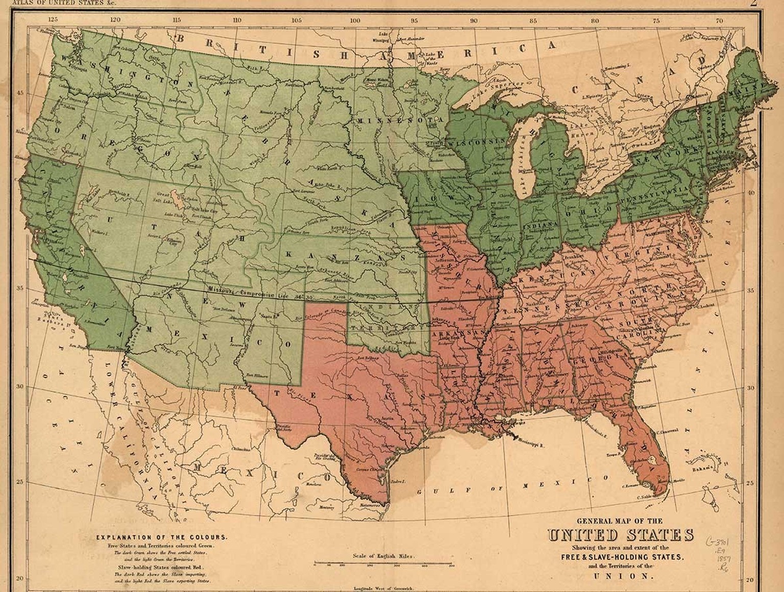 Karte mit den «sklavenhaltenden» (rot) und «freien» (grün) Staaten der USA, um 1860.
https://www.loc.gov/resource/g3701e.ct000764/?r=-0.189,-0.005,1.379,0.812,0