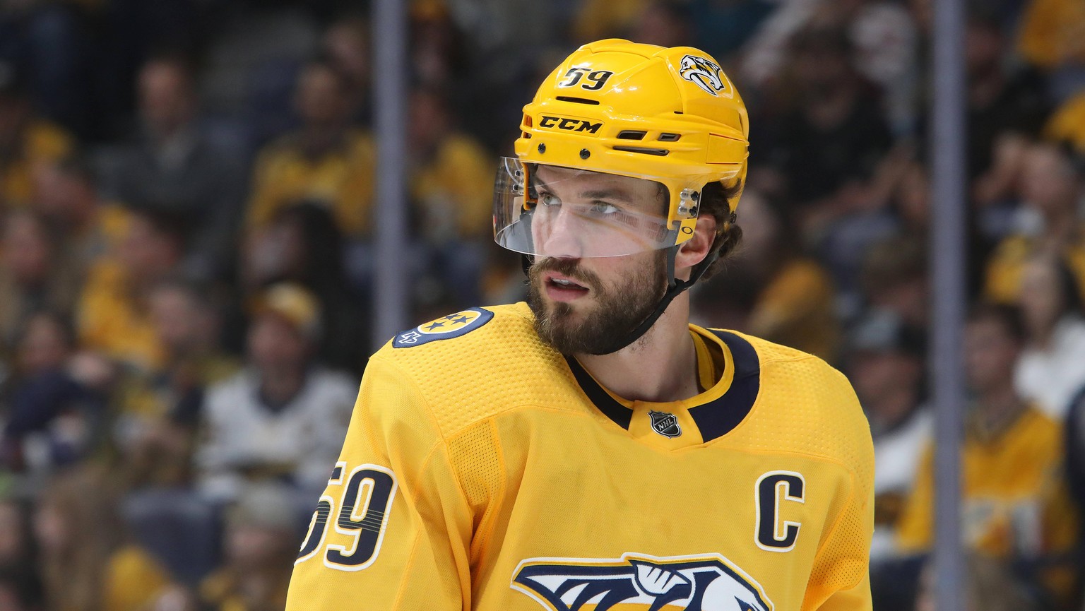 NASHVILLE, TN - MARCH 05: Nashville Predators defenseman Roman Josi 59, of Switzerland, is shown during the NHL, Eishockey Herren, USA game between the Nashville Predators and Dallas Stars, held on Ma ...