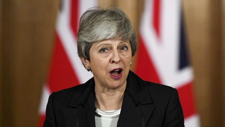 epa07451805 British Prime Minister Theresa May makes a statement inside number 10 Downing Street in London, Britain, 20 March 2019. According to reports, British Prime Minister Theresa May has request ...