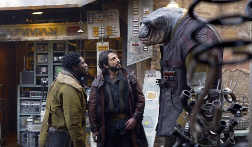 This image released by Lucasfilm Ltd. shows Raymond Anum, Diego Luna and Ian Whyte as Vetch, in a scene from &quot;Andor.&quot; (Lucasfilm Ltd./Disney+ via AP)
