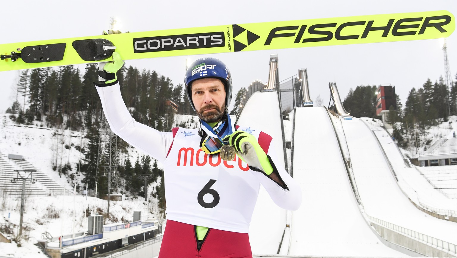 epa09689293 Janne Ahonen of Finland reacts during the Finnish Championship HS 130 ski jumping competition in Lahti, Finland, 16 January 2022. Finnish ski jumping legend Janne Ahonen, age 44 years, ret ...