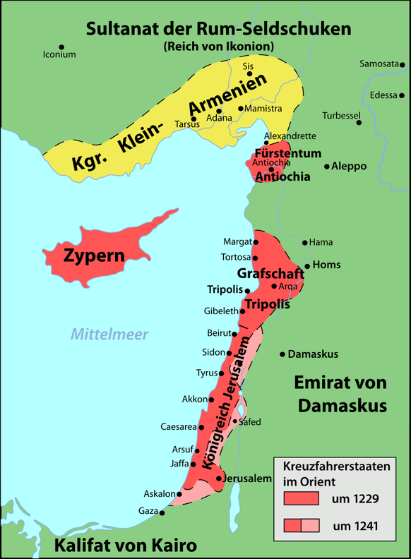 Kreuzfahrerstaaten 1229 und 1241
Von Map Crusader states 1240-it.svg: Odejeaderivative work: tradotto in italiano da:Franco aq (talk)derivative work: Übersetzung und Bearbeitung Ziegelbrenner (talk) - ...