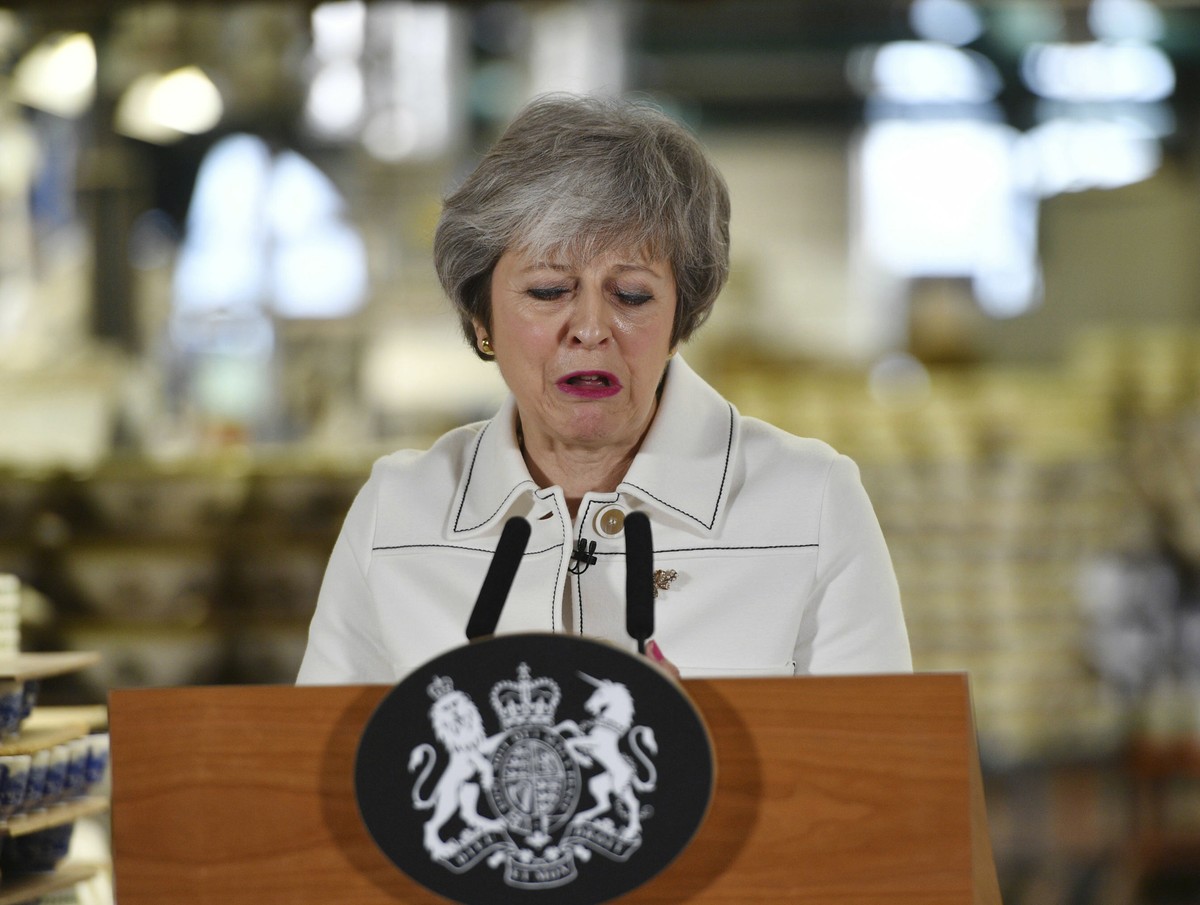 Britain's Prime Minister Theresa May delivers a speech during a visit to the Portmeirion pottery factory in Stoke-on-Trent, England, Monday, Jan. 14, 2019. May is due to make a statement in the H ...