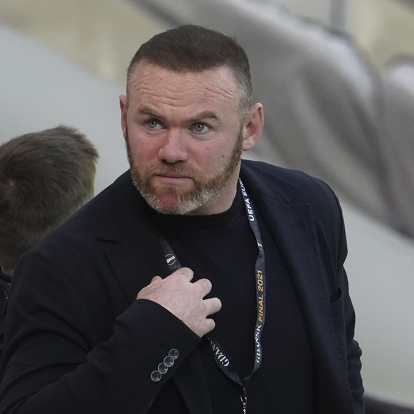 Former Manchester United player Wayne Rooney attends the Europa League final football match between Manchester United and Villarreal in Gdansk, Poland, Wednesday, May 26, 2021. (Aleksandra Szmigiel, Pool…