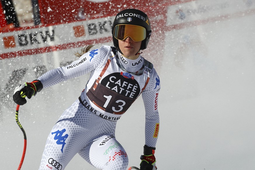 Italy&#039;s Sofia Goggia gets to the finish area after completing a women&#039;s World Cup downhill, in Crans Montana, Switzerland, Saturday, Feb. 23, 2019. (AP Photo/Alessandro Trovati)