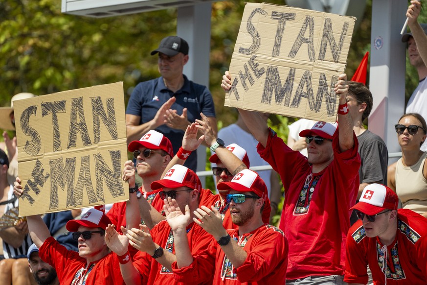 Wawrinka&#039;s fans hold placards &quot;STAN the MAN&quot; during the men&#039;s single second round tennis match Stan Wawrinka of Switzerland against Alexei Popyrin of Australia, at the 2024 Paris S ...