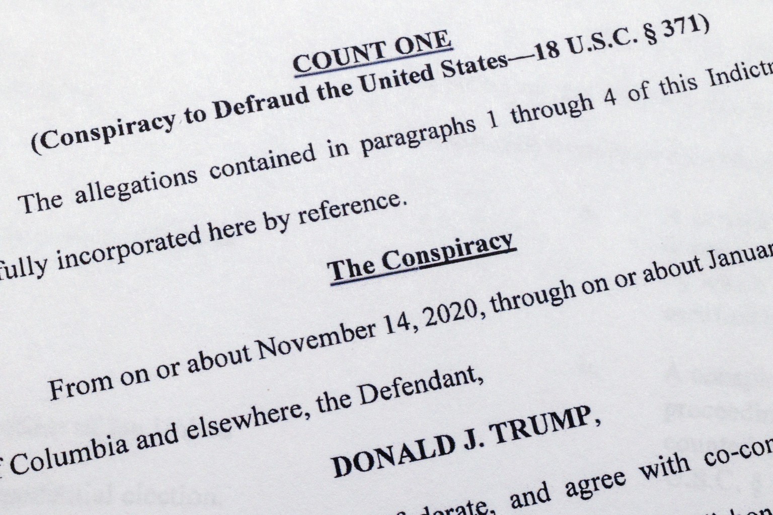The indictment against former President Donald Trump charging him by the Justice Department for his efforts to overturn the results of the 2020 presidential election is photographed Tuesday, Aug. 1, 2 ...